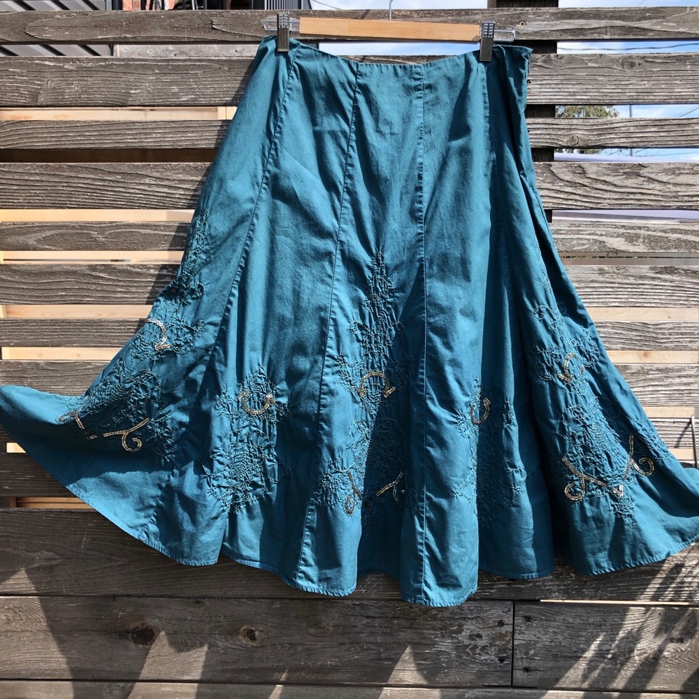 Y2K Whimsigoth Bohemian Embroidered Teal Flared Skirt M/L -like Anthropologie